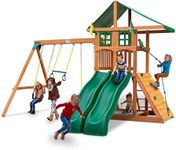 Gorilla Playsets 01-1086 Avalon Treehouse Wooden Swing Set Oversized Green Vinyl Canopy Roof, Two Slides, Climbing Wall, Ladder, and Swings