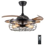 DuMaiWay 48" Retractable Ceiling Fans with Lights, Fandelier Industrial Caged Ceiling Fan with Remote Controller Vintage Style for Farmhouse/Living Room/Bedroom/Restaurant 5 Lights 4 Fan Blades