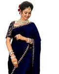 Dream Crushers Women's Heavy Velvet Embroidery Border Saree With Embroidery work Blouse Piece (Navy Blue)