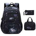 Armbq 3Pcs Galaxy Kids Backpack for Boys with Lunch Box Elementary Casual Bookbag for Teens, Black Starry Sky, Backpack Set