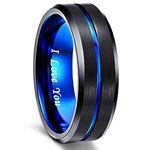 Greenpod 8mm Mens Black Tungsten Ring with Thin Blue Groove Beveled Edge Promise Ring I Love You Comfort Fit Size 9.5