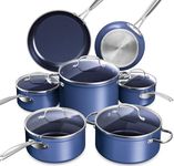 Nuwave Healthy Duralon Blue Ceramic Nonstick Cookware Set, Diamond Infused Scratch-Resistant, PFAS Free, Dishwasher & Oven Safe, Induction Ready & Evenly Heats, Tempered Glass Lids & Stay-Cool Handles