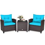 KOTEK 3 Piece Patio Furniture Set, Outdoor Conversation Set with Washable Cushions & Tempered Glass Tabletop, PE Rattan Wicker Bistro Set for Porch, Garden, Balcony (Turquoise)