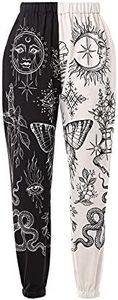 Amuver Women's Boho Hippie Harem Pants High Smocked Waist Printed Patchwork Sweatpants Yoga 90S Goth Baggy Casual Trousers, White/Black, Large