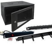 6u 450mm 19" Black Wall Mounted Data Cabinet, 24 way Cat6 Panel, 6 way PDU Power Distribution Unit & Cable Management Bar