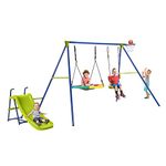 COSTWAY 4-in-1 Kids Swing Set, Metal Swing Stand with Double Swings, Basketball Hoop, Slide, Ladder, Children Backyard Playground Equipment for Garden Yard