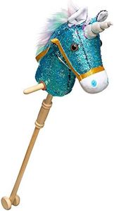 HollyHOME Sequin Unicorn Stick Horse with Wood Wheels Real Pony Neighing and Galloping Sounds Plush Unicorn Toy Blue 36 Inches(AA Batteries Required)