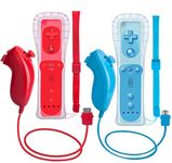 ZeroStory 2 Packs Wireless Controller and Nunchuck for Wii and Wii U Console, Gamepad with Silicone Case and Wrist Strap (Red and Blue)