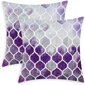 CaliTime Throw Pillow Covers Pack of 2 Cozy Colorful Geometric Trellis Chain Accents Manual Hand Painted Decorative Cushion Cases for Couch Bed Sofa Farmhouse 22 X 22 Inches Main Grey Purple Eggplant