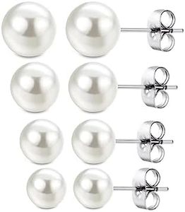PLABBDPL 4 Paia Orecchini Perline Argento 925 Perline Orecchini Donna orecchino a Goccia per Le Donne Bianco Perle d'Acqua Dolce Orecchio Gioielli 4mm /6mm / 8mm / 10mm