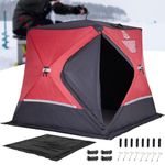 DEERFAMY Ice Fishing Shelter, 5-6 Person Ice Fishing Tent 3-Layer Cotton Filled, Pop up Ice Shanty Insulated Tent with Carrying Bag, Floor Mat, Extra Mesh Bag, 8 Ice Anchors, Red