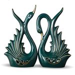 Xtore Modern Elite Swan Pair Ceramic Art Figurine | Beautiful Home Decor- 2 Piece, Dark Green, Medium