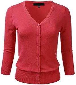 FLORIA Womens Button Down 3/4 Sleeve V-Neck Stretch Knit Cardigan Sweater RED 2X