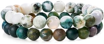 Bivei Natural Gemstone Semi Precious Crystals Handmade Stretchy Round Beads Bracelet, Enhance Positive Energy(Tree Agate & India Agate(Strength & Harmony) Medium)