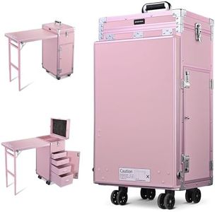 BYOOTIQUE Rolling Manicure Table Portable Nail Table Foldable Nail Desk Travel Makeup Train Case Cosmetic Trolley Storage Organizer with 4 Drawers Mirror & Speaker for Nail Tech Workstation Mua, Pink