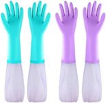 Eygood Latex-Free Washing Up Gloves, Long Sleeve Household Gloves with Cotton Lining, Kitchen Cleaning Gloves (1 Pack of 2 Pairs Blue + Purple) (Medium)