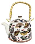 Purpledip Beautifully Painted Ceramic Kettle: 850 ml Tea Coffee Pot, Steel Strainer Included (10774)