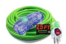 Century Contractor Grade 25 ft 10 Gauge Power Extension Cord Indoor Outdoor 10/3 Plug, Triple Tap Extension Cord with Lighted Ends Heavy Duty Extension Cord (25 ft Triple Tap Extension Cord, Green)