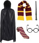 5pc Kids Wizard Costume - Hooded Black Cape, Gold and Maroon scarf, Wizard Wand, Costume Tie and Fancy Dress Glasses - World Book Day Costumes for Boys Halloween Costumes for Kids Wizard Accessories