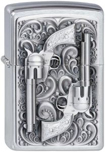 Zippo Chrome Brushed-Revolver,Emblem-Gasoline Windproof Lighter, refillable, in Gift Box, Black, Normal