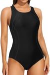 ATTRACO Tummy Control Swimming Costuem for Women One Piece Swimsuit Padded Bathing Suit Racerback Swimwear Black S