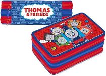 Top Linen (NW) Ltd Kids Official Cartoon & Movie Character 3 Tier Large Full Stationery School Supplies Set - Multi Compartment Pens, Pencils, Markers with Case - Thomas