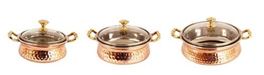 Indian Art Villa Handmade Stainless Steel Copper Casserole Dish Serving Indian Food Daal Curry Set of 3 Handi Bowl with Glass Tumbler Lid Capacity for use RestaurantGift Item