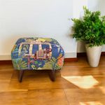 The Artage Puffy Stool for Living Room Sitting Printed Premium Foam Cushioned Pouffe Ottoman for Foot Rest Stool for Home Decor Furniture with 4 Wooden Legs (Floral) (Blue Royalty)