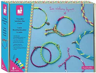 Janod - Estuche 7 Pulseras Brasileñas Fluorescentes para Crear - Les Ateliers Bijoux - Kit Infantil de Manualidades Creativas - Motricidad Fina y Creatividad - Desde 8 Años, J07929