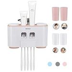 MHTECH Drill-free Wall Mount Toothbrush Holder, Toothpaste Dispenser and Multi-functional Slots Bathroom Organizer, 2 Toothpaste Squeezer with 5 Brushes Set with 4 Cups (Pink)