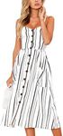 Angashion Women's Dresses-Summer Floral Bohemian Spaghetti Strap Button Down Swing Midi Dress White Striped M