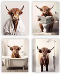 heilkee Funny Highland Cow Bathroom Decor Animal Bathroom Wall Art Brown Cattle in Bathtub Picture Rustic Farmhouse Style Posters Prints Cow in Toilet Decorations Set of 4(UNFRAMED 8x10in)