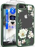 Dretal for iPhone 8 Plus Case, iPhone 7 Plus & 6 Plus Case,Military Grade Drop Tested Hard Back & Soft Edge Slim Flower Women Girls Phone Protective Cover with Tempered Glass Screen Protector (Green)