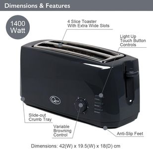 Quest 4-Slice Toaster – Black, Wide Slots, Adjustable Browning