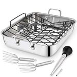 Rorence Roasting Pan with Rack: 16-Inch Stainless Steel Rectangular Turkey Roaster pan with Nonstick V-Shaped Rack for Thanksgiving Christmas – Set of 5