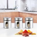 SILIVO Spice Glass Jars with See-Through Steel Body, Empty Glass Spice Bottles, Seasoning Containers for Spice Salt Sugar Coffee Bean (Round/350ml/3pcs/See-through Steel Jar)