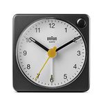 Braun Classic Analogue Travel Alarm Clock with Snooze Function and Light, Compact Size, Quiet Quartz Movement, Crescendo Alarm, Black and White Model BC02XBW