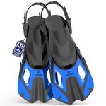 EMSINA Snorkel Fins Adjustable Buckles Open Heel Swim Flippers Travel Size Short Swim Fins for Snorkeling Diving Swimming Adult Men Womens & Kids(Blues/M)