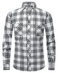 Mens Long Sleeve Flannel Plaid Shirt, Relaxed Fit Casual Button Down Plaid Flannel Shirt for Men with 2 Pockets White/Black-XL