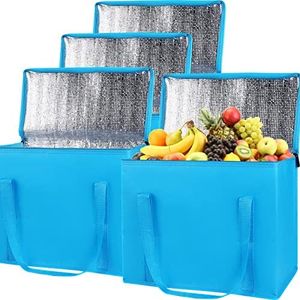 4-Pack Insulated Reusable Grocery Shopping Bag, X-Large Frozen Food Cold, Bodaon Cooler Bags with Zippered Top, Insulated Food Delivery Bag, Blue