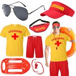 Acehome Lifeguard Fancy Dress Set for Men, Lifeguard Costume Outfits with T-Shirt Shorts Hat Glasses Whistle for Adult Party Dress Up (M)