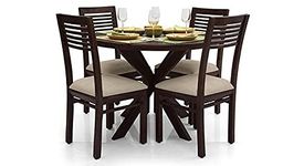 Kususm Handicrafts Wood Round Dining Table 4 Seater with Chairs Sets | Round Dining Table 4 Seater Wooden | Dining Table 4 Seater Set | Dining Room Sets Furniture | Walnut Finish