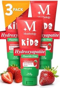 Mouthology Hydroxyapatite Kids Toothpaste (3pk, Fluoride Free) with Xylitol, Non Toxic Fluoride Free Toothpaste for Kids, All Ages (1-3), (3-6) & (6-12) Strawberry, 4oz