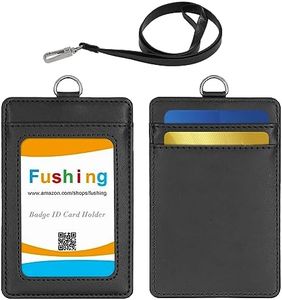 Fushing Card Holder with Lanyard, 2-Sided Vertical Leather ID Card Holder with 1 ID Window, 2 Card Slots, 1 Piece 48cm PU Leather Detachable ID Lanyard with Swivel J Hook (Black)