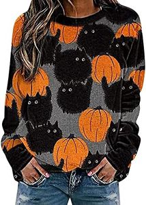 Women Halloween Sweatshirt Pullover Lightweight - Pumpkins Cats Printing Raglon Long Sleeve Blouse Grey XXL