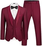 COOFANDY Men's 3 Pieces Suit Set Shawl Lapel Tuxedo Elegant Solid Jacket Vest Pants Bow Tie Wine Red XL