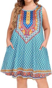 elescat Plus Size Summer Dresses for Women Sleeveless Pockets Beach Tshirt Tank Sundress, Boho Blue Printing, 3X-Large