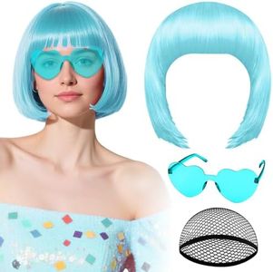PLULON Cyan Bob Wig with Heart Sunglasses and Hair Cap, Colorful Short Bob Wigs Synthetic Party Wigs Funny Cosplay Hairpieces for Women Men Neon Bachelorette Halloween Costume Party Decorations