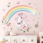 wondever Large Rainbow Wall Decals Horse Flower Peel and Stick Wall Art Stickers for Girls Bedroom Kids Room Baby Nursery