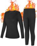 Roadbox Thermal Underwear Base Layer for Women - Fleece Lined Long Johns Sets Warm Crew Neck Top & Bootom Ski Cold Weather Black